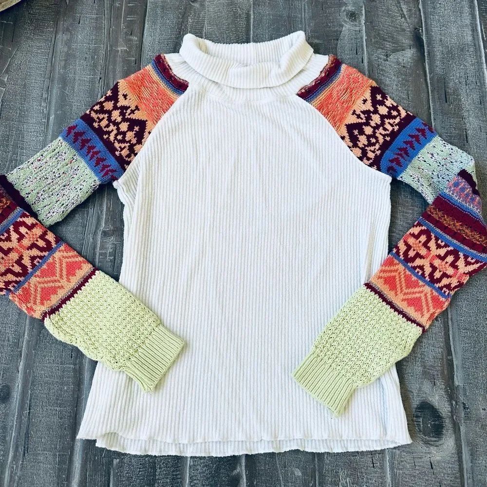 Free People Colorful Knit Sleeve Boho Sweater Top XS